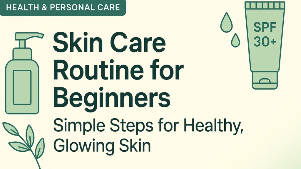 Skin care routine for beginners banner with cleanser pump, SPF 30+ tube, and leaves