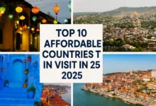 Affordable countries to visit in 2025 — Vietnam, Morocco, Portugal, Georgia, Albania (budget travel collage)
