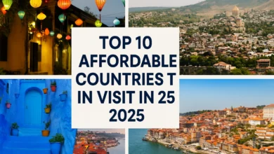 Affordable countries to visit in 2025 — Vietnam, Morocco, Portugal, Georgia, Albania (budget travel collage)